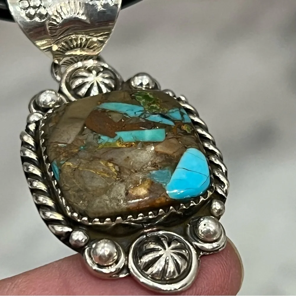 Sterling Silver Turquoise Large Pendant with Loop Choker - Picture 7 of 16
